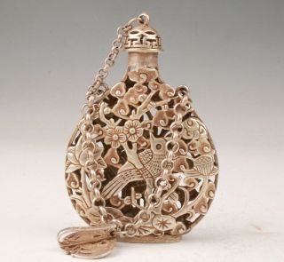 Retro Tibetan Silver Handmade Carving Bird Statue Pendant Hollow Snuff Bottle