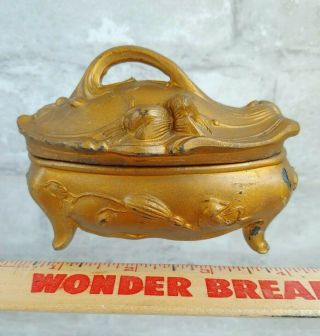 Antique 1900s Cast Pot Metal Gold Victorian Nouveau Jewelry Box Trinket Casket