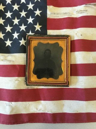 Civil War Era Antique Framed Photograph Of Soldier In Uniform W/ Old Flag Decal