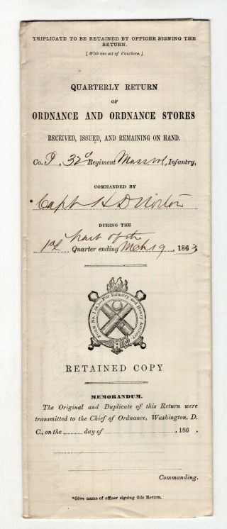 1863 Civil War Document Quarterly Return Of Ordnance