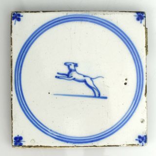 Antique Dutch 18th Century Delft Blue & White Tile Tegel - Jumping Dog