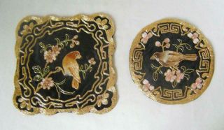 Two Vintage Chinese Silk Picture Embroidery Appliques Gold Birds On Black Ground