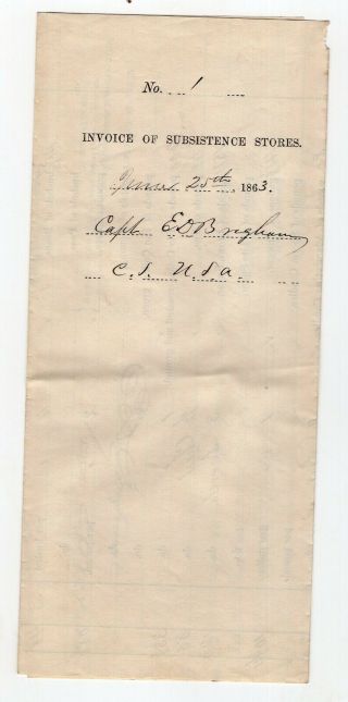 1863 Civil War Document Invoice Of Subsistence Store