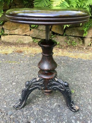 Antique High Luster Dark Wood Adjustable Cast Iron Feet Piano Stool Plant Stand