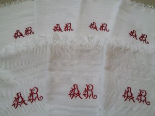 8 X French Vintage Dish Cloth Tea Towels White Cotton Honeycomb Red Monogram Ar