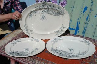 Antique Victorian Aesthetic Period Large Ceramic Serving Platters Trio Set Chic