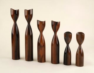 6 Vtg Mcm Danish Polished Wood Candlesticks 3 Sizes,  10 ",  8 ",  6 ".