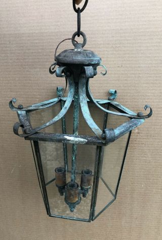 Antique Copper & Glass Outdoor 6 - Sided Hanging 3 - Bulb Light Fixture W.  Patina