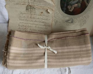 Vintage French Ticking Fabric Cotton Faded Khaki & Cream Herringbone 51 " X68 "