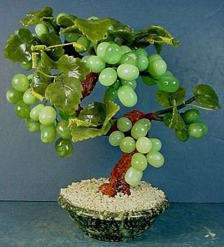 Vintage Chinese Glass & Hardstone Jade Tree In Egg & Spinach Hardstone Pot