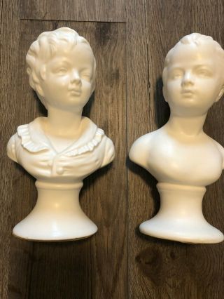 Set Of 2 Vintage Boy And Girl Head Bust Statue Figurine White 9.  25 " X 6 " Hw76
