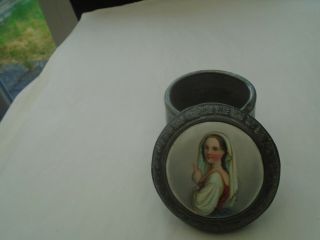 Lovely antique metal powder pot with charming miniature hand painted portrait 2