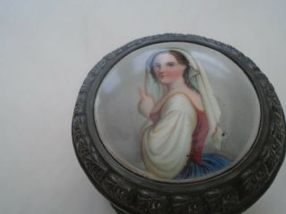Lovely antique metal powder pot with charming miniature hand painted portrait 3