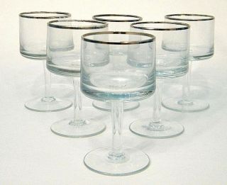 6 Mid Century Mod Silver Rim Crystal 4 Oz Square Flat Wine Stem Mad Men Glasses
