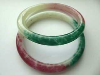 2 Antique Chinese Peking Glass Red & Green Sewing Basket Ring Bangle Bracelet 2