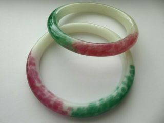 2 Antique Chinese Peking Glass Red & Green Sewing Basket Ring Bangle Bracelet
