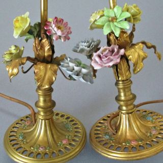 Pr Antique French Gilt Ormolu Candlestick Boudoir Lamps Porcelain Flowers,  Tole