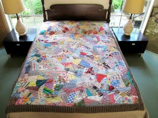 Vintage Hand Pieced Feed Sack,  Novelty Prints,  Crazy Tied Thick Quilt; 76 " X 60 "