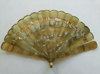 Antique Hand Fan Celluloid Mother Of Pearl Vintage Victorian Painted Flowers