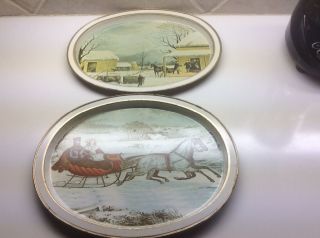 Vintage Set Of 2 - 14 " Tin Metal Trays Scenic Christmas Horse - Currier And Ives