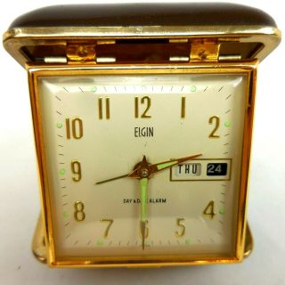 Vintage Elgin Day & Date Travel Analog Clamshell Alarm Clock Brass - Not