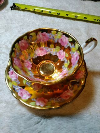 Gold Vintage Queen Anne Tea Cup Saucer Cabbage Rose Bone China Heavy Gold