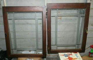 Set Of 2 Antique Framed Leaded Stained Glass Cabinet Door / Windows 24 X 31 Each