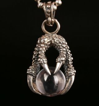 Rare Dragon Claw Crystal Ball Statue 925 Silver Hand Carving Necklace Pendant