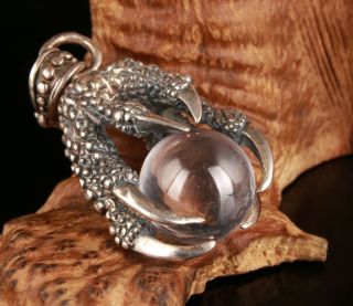 RARE DRAGON CLAW CRYSTAL BALL STATUE 925 SILVER HAND CARVING NECKLACE PENDANT 2