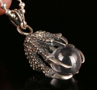 RARE DRAGON CLAW CRYSTAL BALL STATUE 925 SILVER HAND CARVING NECKLACE PENDANT 5
