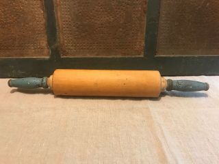 Antique Wooden Rolling Pin Old Blue Paint Handles