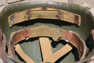 RARE PAINTED US M1 HELMET LINER EARLY RAYON WEBBING ST CLAIR FIXED CHINSTRAP 10