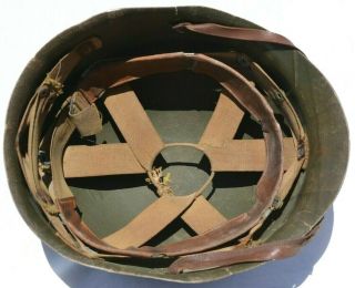 RARE PAINTED US M1 HELMET LINER EARLY RAYON WEBBING ST CLAIR FIXED CHINSTRAP 2