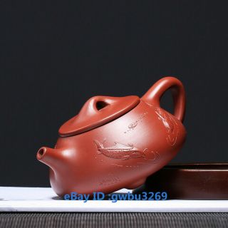 Chinese yixing zisha teapot handmade Carved Fish Da Hong pao Teapot 200cc 年年有鱼 2