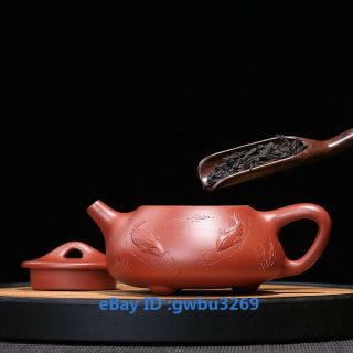 Chinese yixing zisha teapot handmade Carved Fish Da Hong pao Teapot 200cc 年年有鱼 6