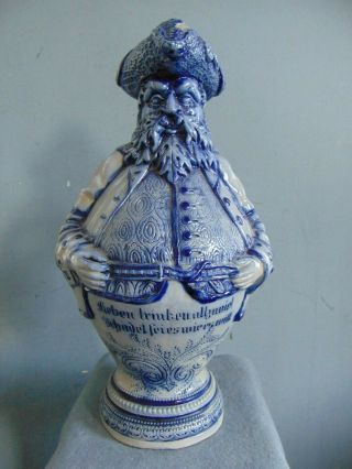 German Stoneware Salt Glazed Cobalt Figural Blue Bearded Brewmaster Pitcher
