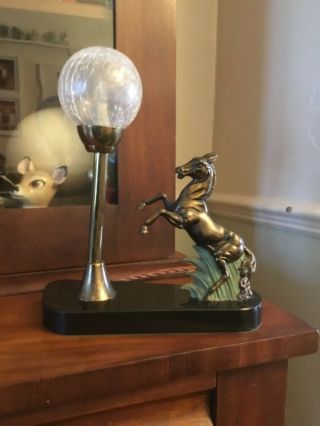Art Deco Black Onyx Marble Spelter Brass Pony Horse Bedside Table Desk Lamp Rare