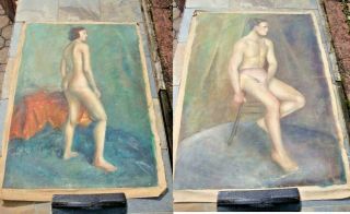 2 For 1 Vintage 1940s 50s Oil On Canvas Painting - Nude Lady - Nude Man 2 - Sided