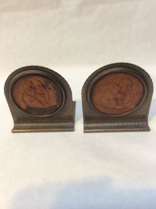 Roycroft Hammered Copper Bookends: Tooled Leather Medallion Inserts - Elephants