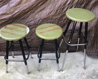 Vintage Set Of 3 Stools Industrial Adjustable Metal Avocado Green Plastic Seat