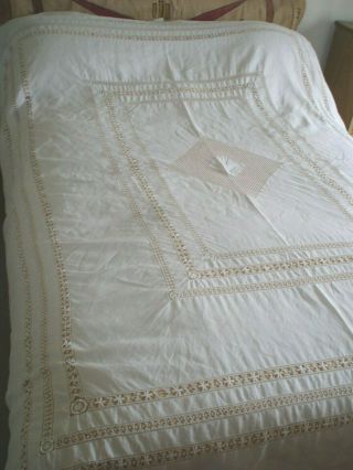 Large Vintage French Crisp White Linen,  Lace Bedspread.  103 X 84 "