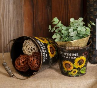 Primitive Farmhouse Country Sunflowers Buckets W/handles Set Of 2