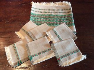 Hungarian Vintage Raw Linen Folk Art Embroidered Tablecloth & Six (6) Napkins