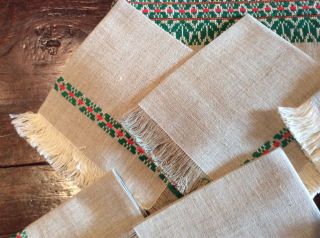 Hungarian Vintage Raw Linen Folk Art Embroidered Tablecloth & Six (6) Napkins 2