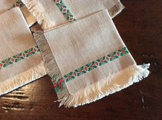 Hungarian Vintage Raw Linen Folk Art Embroidered Tablecloth & Six (6) Napkins 3