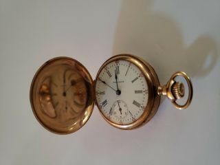 " American Waltham " Antique Pocket Watch In 14 K Gold Hunting Case