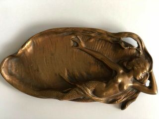 Antique Art Deco Brass Mermaid Change Coin Tip Tray Dish Vintage Ashtray Nude