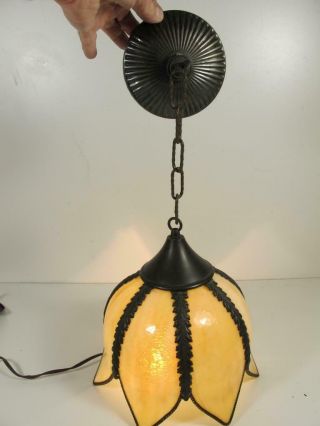 Vintage Arts & Crafts Slag Glass Tulip Hanging Lamp Chandelier Fixture 7 Panels