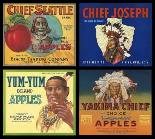 Set Of 4 Old 1926 - 40 " Yakima - Wenatchee " Washington Fruit Box Labels Art