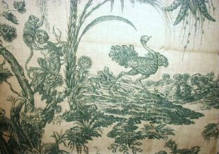 2 Yards Marius Boudin Ostrich & Monkey Toile Green & Tan French Linen 2